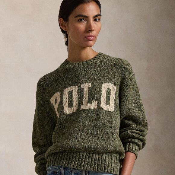 Polo by Ralph Lauren Sweaters - Polo Ralph Lauren POLO Logo Crewneck Sweater Olive Cream Varsity Preppy Cotton